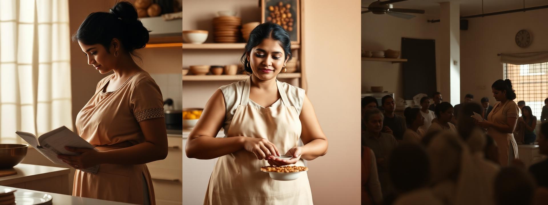 Visible growth of a baker — from studying a recipe alone, to running her own bakery, to mentoring on stage